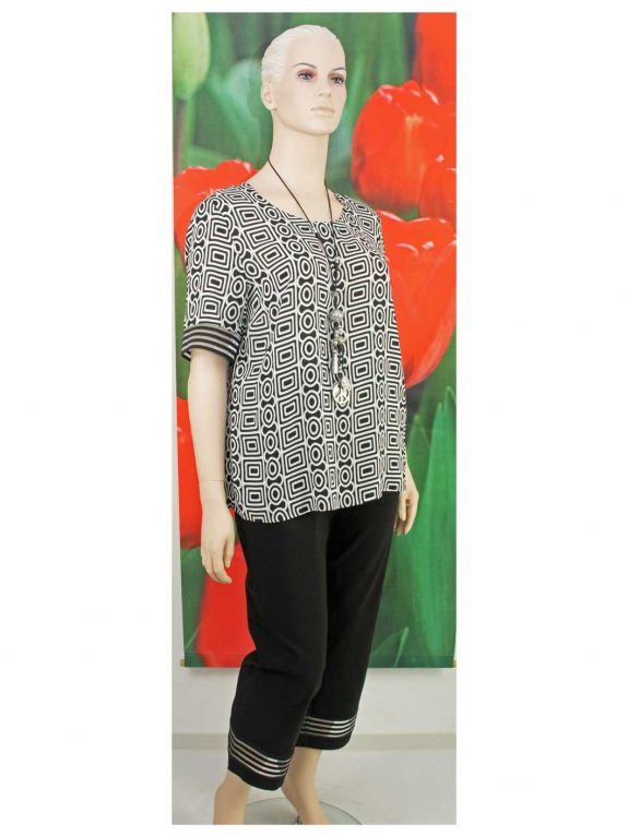Mona Lisa Hose cropped flared Mesh Viskose Bluse schwarz-weiß große Größen Mode online