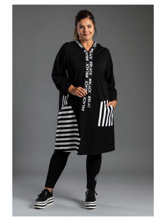 Gozzip Tunika schwarz-weiß Streifen Patch große Größen Lagenlook Mode online