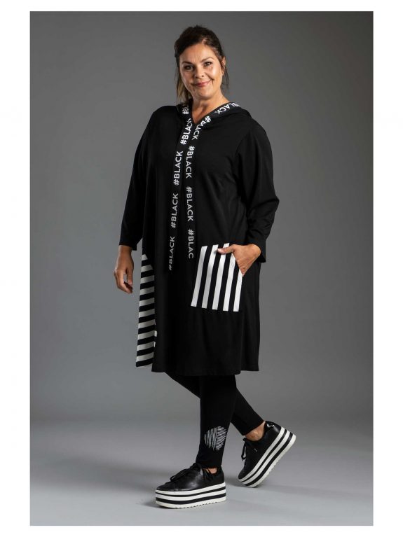 Gozzip Tunika schwarz-weiß Streifen Patch große Größen Lagenlook Mode online