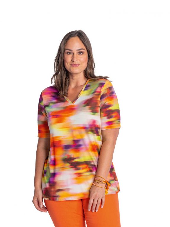 KjBRAND Kurzarm Shirt Sommer Slinky Viskose orange Print große Größen Sommer Mode online