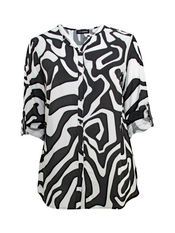 Doris Streich Lang-Bluse schwarz-weiß Krempelarm V-Ausschnitt große Größen Mode online