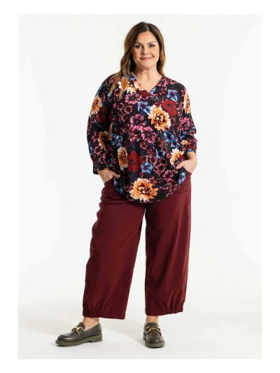 Gozzip Blouse Floral Baggy stretch pants burgundy plus size fall fashion online