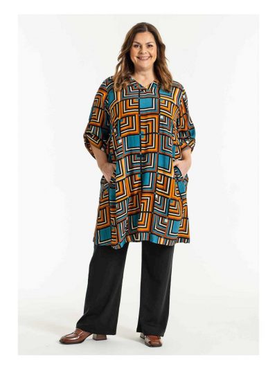 Gozzip Long Tunic graphic print teal yellow plus size layering fall fashion online