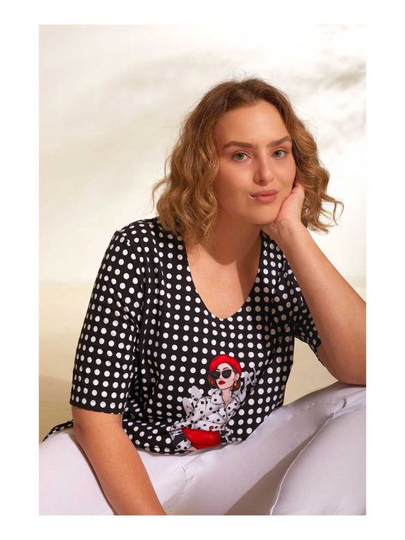 Mona Lisa Shirt Tupfen schwarz-weiß Motiv große Größen Frühjahr Sommer Mode online