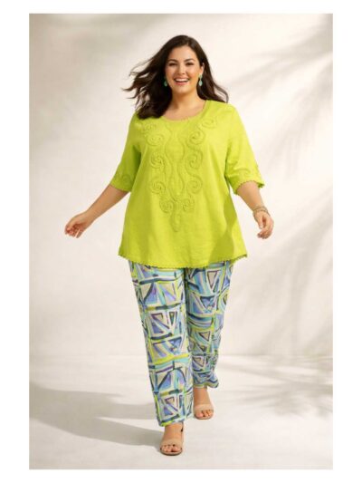 Mona Lisa Blusen-Shirt Baumwolle Kurbelstickerei grün Palazzo Hose Muster große Größen Frühjahr Sommer Mode online