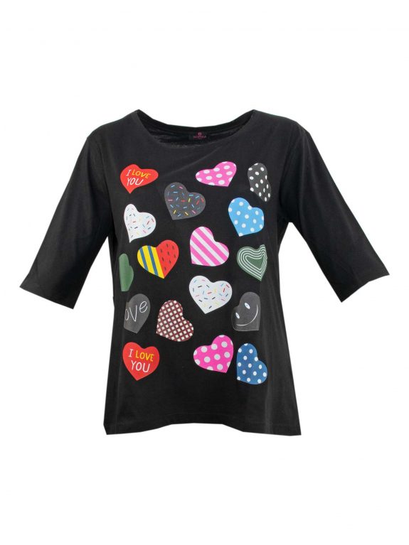 Sophia Curvy schwarzes Shirt bunte Herzen große Größen Frühjahr Sommer Mode online