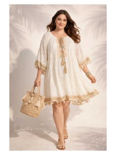 Tunika Kleid Spitze Carmen verziert cremefarben große Größen Sommer Mode online
