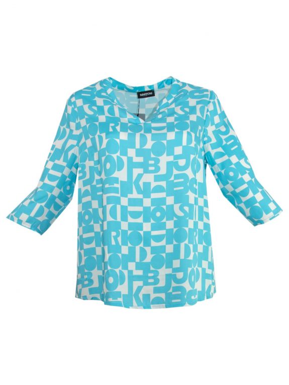 seeyou Blusen-Shirt azur-blau Lettering Krempelarm große Größen Frühjahr Sommer Mode online