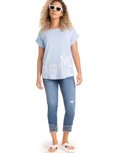 Doris Streich Shirt Ottoman hellblau Kurzarm Wording Jeans Glitzer große Größen Frühjahr Sommer Mode online