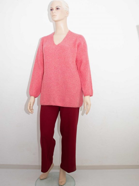 Mona Lisa weicher Pulli Merino himbeerfarben V-Ausschnitt Jerseyhose burgunder Herbst Winter große Größen Mode online