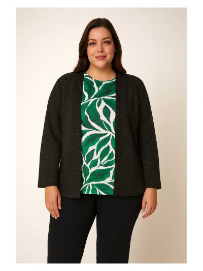 KjBRAND Langarm-Shirt Blätterdruck jadegrün Mona Lisa Boucle-Jacke Glitzer Herbst Winter große Größen Mode online