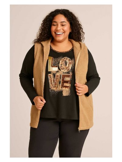 KjBRAND Langarm Shirt Love Leo Glitzer Long-Weste Plüsch Herbst Winter große Größen Mode online