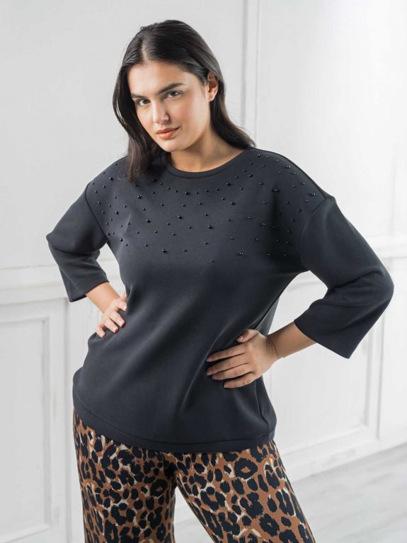 seeyou sweater top black pearl trim fall winter plus size fashion online