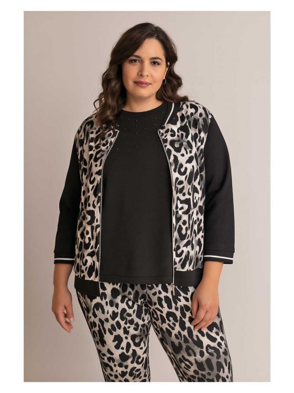 seeyou Jersey-Shirt schwarz Perlenbesatz Animal print Hose und Jacke Verpass Herbst Winter große Größen Mode online