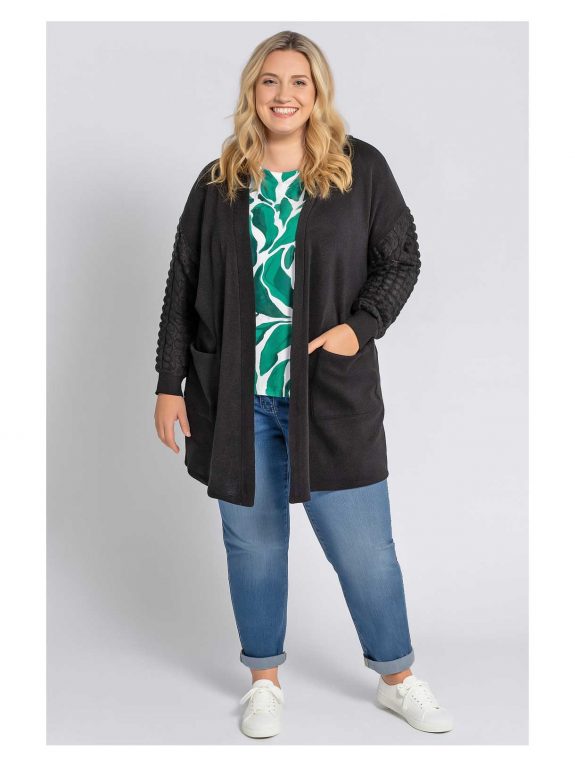 KjBRAND Langarm-Shirt Blätterdruck jadegrün Strick-Jacke Bubble Superstretch Jeans Glitzer Herbst Winter große Größen Mode online