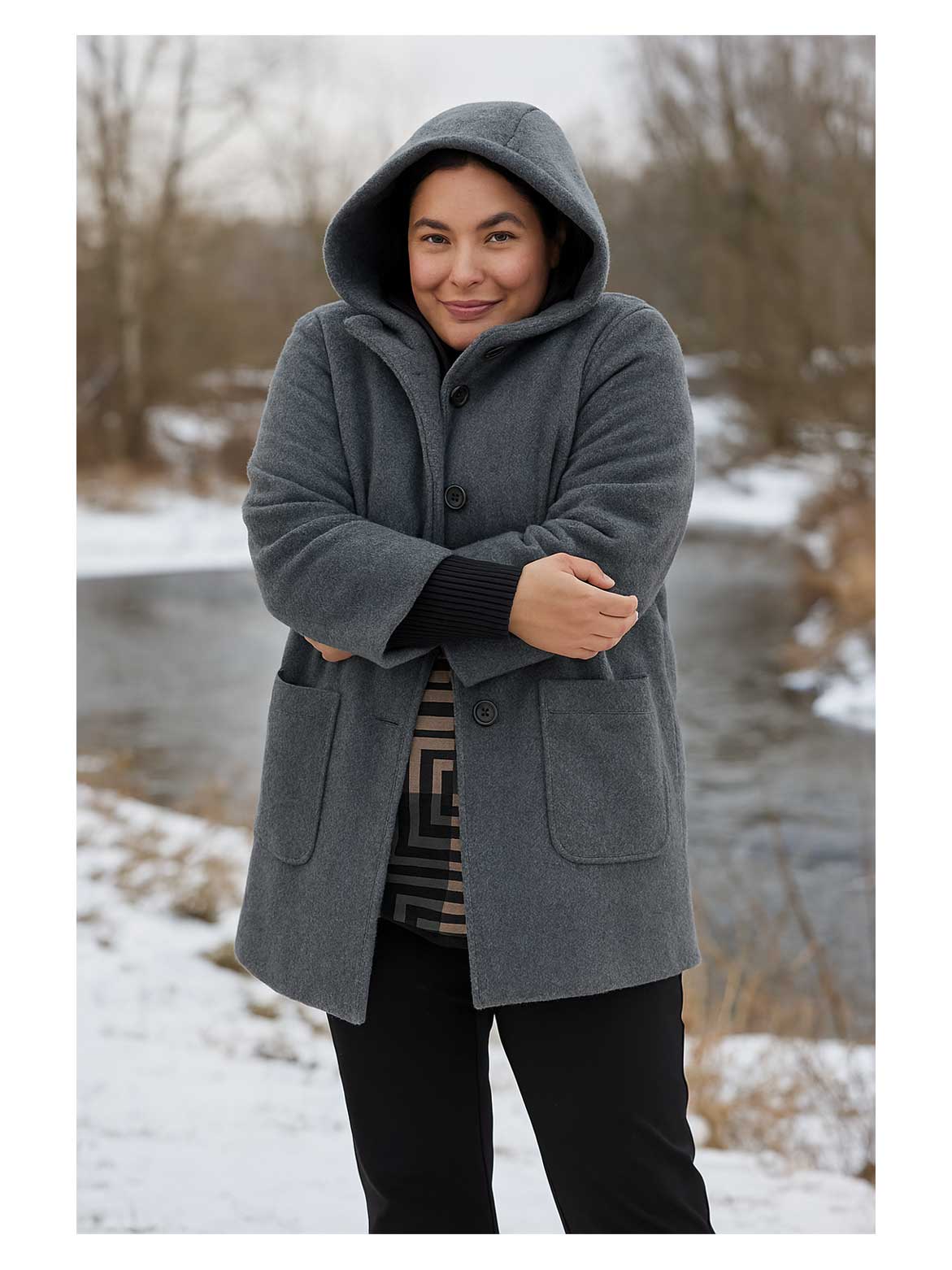 KjBRAND Winter-Jacke Kapuze Fischgrät Stulpen Verpass Pulli-shirt schwarz beige Herbst Winter große Größen Mode online