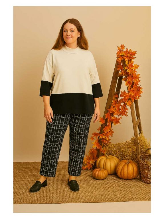 seeyou Outfit Karo-Hose Colour Block Pulli schwarz-weiß Herbst Winter große Größen Mode online