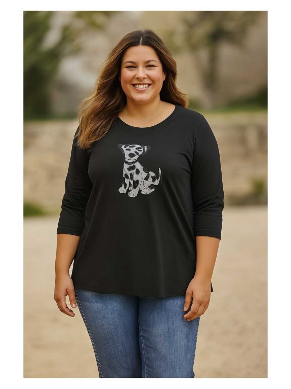 Sophia Curvy Shirt Langarm Baumwolle Dalmatiner schwarz Glitzer Herbst Winter große Größen Mode online