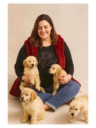 Sophia Curvy Langarm-Shirt schwarz Puppy Love Glitzer Mona Lisa Fellweste Herbst Winter große Größen Mode online