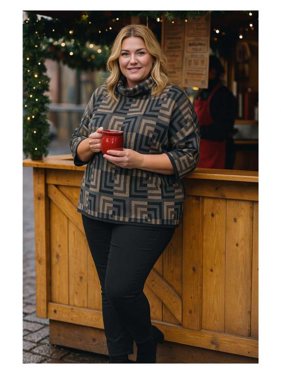 Verpass Pullover grafisch Beige Grau Schwarz 3/4 Arm große Größen Mode online