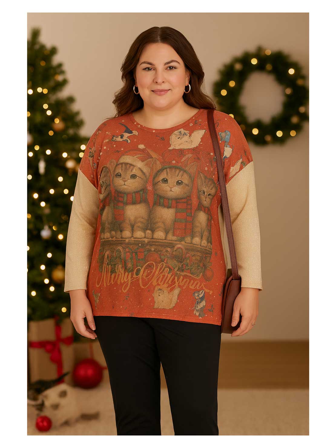 Pulli-Shirt Weihnachten Katzen Lurex flauschig Herbst Winter große Größen Mode online