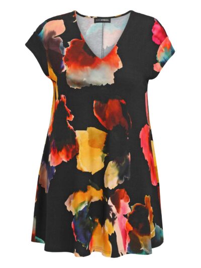 Doris Streich Tunika Shirt floral rot gelb A-Linie Frühjahr Sommer große Größen Mode