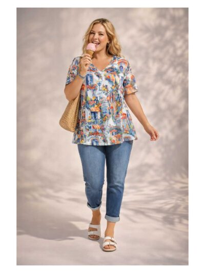 KjBRAND Shirt mediterraner Druck Urlaub A-Linie Sommer große Größen Mode