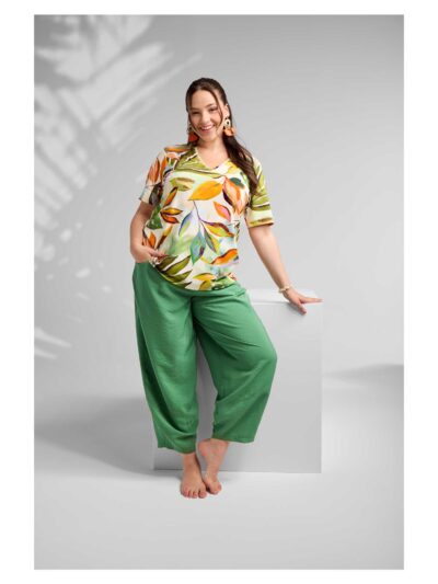 KjBRAND Hose Barrel Leg grün leicht gecrasht Druckshirt A-Linie Frühjahr Sommer große Größen Mode