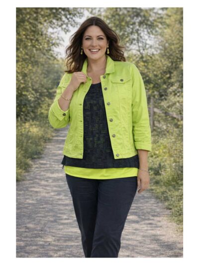 Doris Streich Outfit Mesh marine Shirt Jeansjacke limone Frühjahr Sommer Große Größen Mode