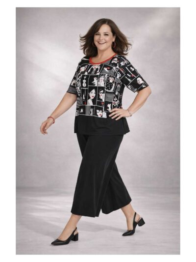 Mona Lisa Outfit Shirt Faces Culotte schwarzweiß Frühjahr Sommer große Größen Mode