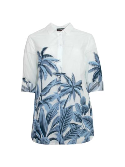 Doris Streich Lang-Bluse Palme weiß blau Krempelarm große Größen Mode