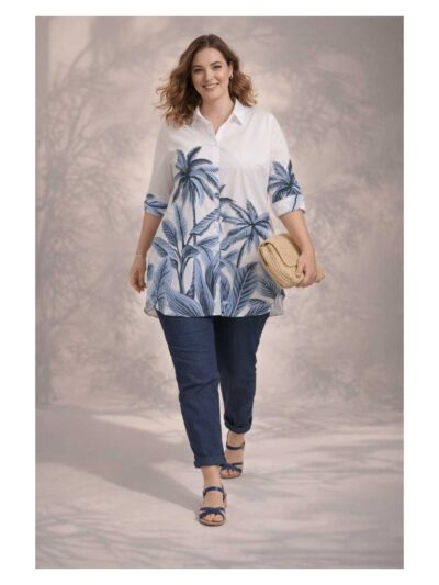 Doris Streich Lang-Bluse Palme weiß blau Krempelarm große Größen Mode