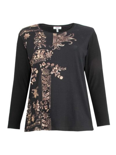 KjBRAND A-Form Shirt schwarz Gold-Aufdruck floral Herbst große Größen Mode