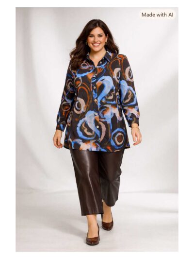 Mona Lisa Longbluse Print Blau Braun Viskose Herbst große Größen Mode