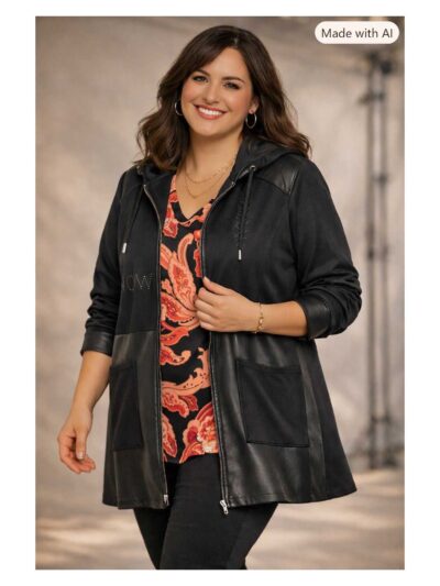 Doris Streich Lang-Jacke Jersey Lederimitat Patch Herbst große Größen Moden