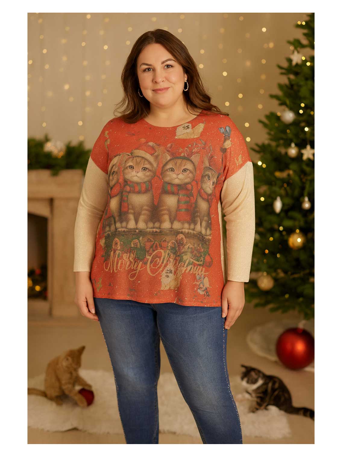 Pulli-Shirt Weihnachten Katzen Lurex flauschig Herbst Winter große Größen Mode online