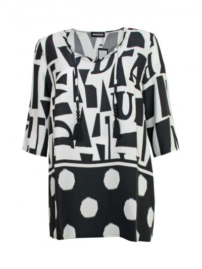Tunika-Bluse schwarz-weiß Muster Bändel Perlen große Größe Frühjahr Sommer Mode online